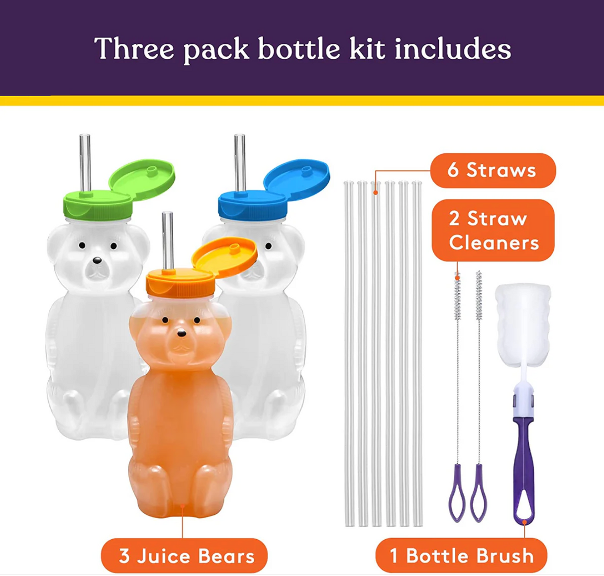 Juice Bear Bottle Drinking Cup with Long Straws, 3-pack